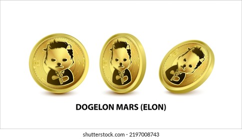 Set of Gold coin Dogelon Mars (ELON) isometric Physical coins. Digital currency. Vector illustration 3D.  Cryptocurrency Golden coins with bitcoin, ripple ethereum symbol isolated on white background. svg