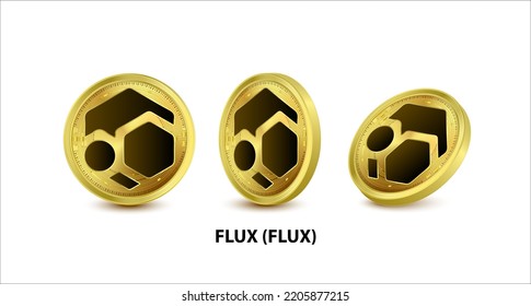 Set of Gold coin Flux (FLUX) Vector illustration. Digital currency. Cryptocurrency Golden coins with bitcoin, ripple ethereum symbol isolated on white background. 3D isometric Physical coins.