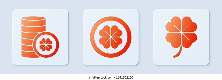 Set Gold coin with four leaf clover, Gold coin with four leaf clover and Four leaf clover. White square button. Vector