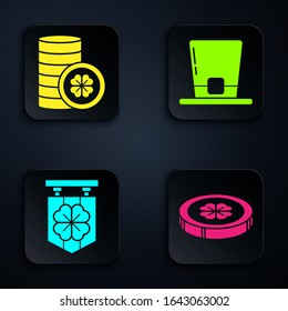 Set Gold coin with four leaf clover, Gold coin with four leaf clover, Street signboard with four leaf clover and Leprechaun hat. Black square button. Vector