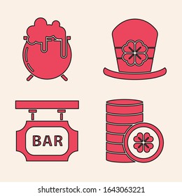 Set Gold coin with four leaf clover, Witch cauldron, Leprechaun hat and four leaf clover and Street signboard with inscription Bar icon. Vector