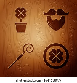 Set Gold coin with four leaf clover, Four leaf clover in pot, Walking stick and Mustache and beard on wooden background. Vector