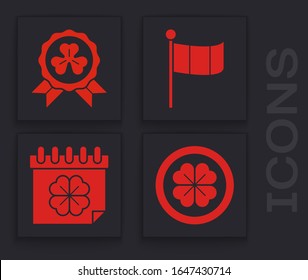 Set Gold coin with four leaf clover, Medal with four leaf clover, National Ireland flag and Saint Patricks day with calendar icon. Vector