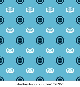 Set Gold coin with four leaf clover and Gold coin with four leaf clover on seamless pattern. Vector