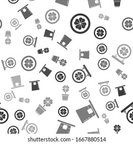 Set Gold coin with four leaf clover, Leprechaun hat, Street signboard with four leaf clover and Four leaf clover in pot on seamless pattern. Vector