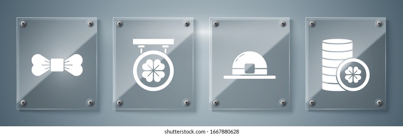 Set Gold coin with four leaf clover, Leprechaun hat, Street signboard with four leaf clover and Bow tie. Square glass panels. Vector