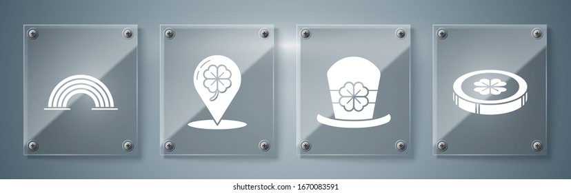 Set Gold coin with four leaf clover, Leprechaun hat and four leaf clover, Location and four leaf clover and Rainbow. Square glass panels. Vector