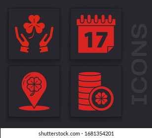 Set Gold coin with four leaf clover, Human hands holding four leaf clover, Saint Patrick's day with calendar and Location and four leaf clover icon. Vector