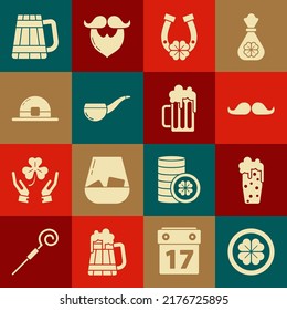 Set Gold coin with four leaf clover, Glass of beer, Mustache, Horseshoe, Smoking pipe, Leprechaun hat, Wooden mug and  icon. Vector