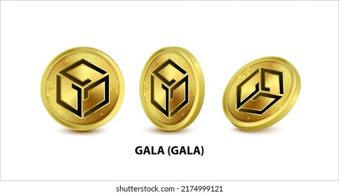 Set of Gold coin Gala (GALA) Vector illustration. Digital currency. Cryptocurrency Golden coins with bitcoin, ripple ethereum symbol isolated on white background. 3D isometric Physical coins.