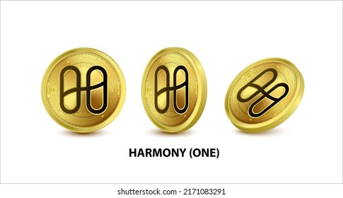 Juego de ilustración del vector de la armonía de la moneda de oro (ONE). Moneda digital. Criptomoneda Monedas de oro con bitcoin, símbolo de eéreo de ondas rígidas aisladas en fondo blanco. Monedas físicas isométricas 3D.