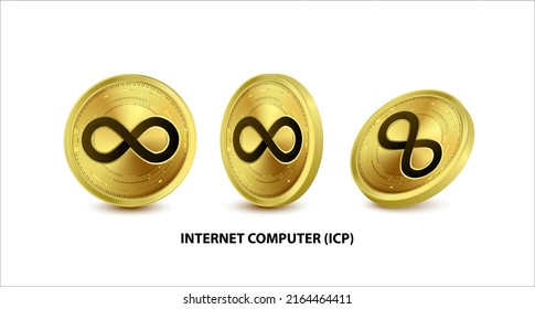 Indique la ilustración del vector de Internet Computer (ICP) de la moneda de oro. Moneda digital. Criptomoneda Monedas de oro con bitcoin, símbolo de eéreo de ondas rígidas aisladas en fondo blanco. Monedas físicas isométricas 3D.
