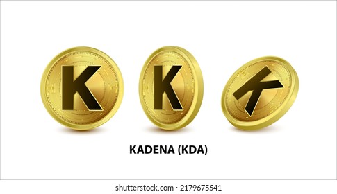 Set of Gold coin Kadena (KDA) Vector illustration. Digital currency. Cryptocurrency Golden coins with bitcoin, ripple ethereum symbol isolated on white background. 3D isometric Physical coins.