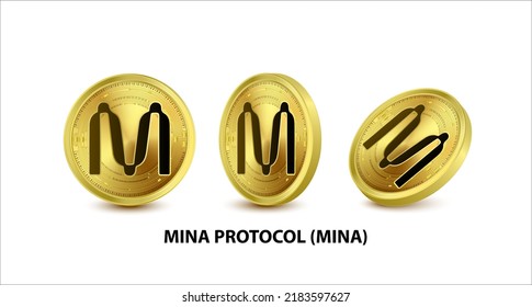 Set of Gold coin Mina Protocol (MINA) Vector illustration. Digital currency. Cryptocurrency Golden coins with bitcoin, ripple ethereum symbol isolated on white background. 3D isometric Physical coins.