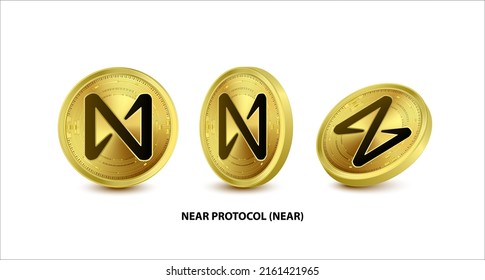 Juego de ilustraciones de vectores de la moneda de oro NEAR Protocol (NEAR). Moneda digital. Criptomoneda Monedas de oro con bitcoin, símbolo de eéreo de ondas rígidas aisladas en fondo blanco. Monedas físicas isométricas 3D.