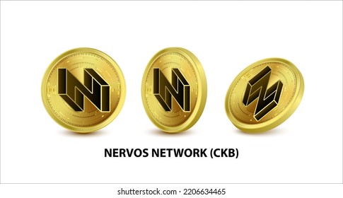 Set von Gold-Münzen Nervos Network (CKB) Vektorgrafik. Digitale Währung. Kryptowährung Goldene Münzen mit Bitcoin, Rippelätherum Symbol einzeln auf weißem Hintergrund. 3D isometrische physische Münzen.