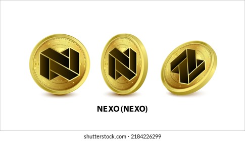 Juego de ilustración del vector de la moneda de oro NEXO (NEXO). Moneda digital. Criptomoneda Monedas de oro con bitcoin, símbolo de eéreo de ondas rígidas aisladas en fondo blanco. Monedas físicas isométricas 3D.