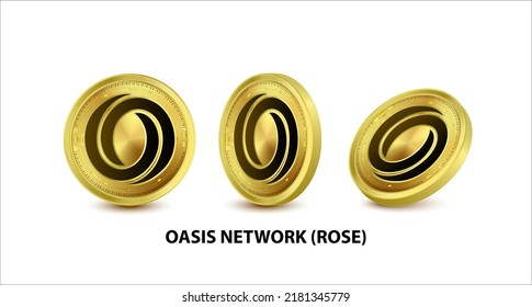 Set of Gold coin Oasis Network (ROSE) Vector illustration. Digital currency. Cryptocurrency Golden coins with bitcoin, ripple ethereum symbol isolated on white background. 3D isometric Physical coins.
