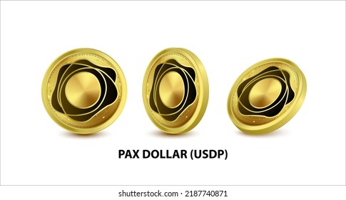Set of Gold coin Pax Dollar (USDP) Vector illustration. Digital currency. Cryptocurrency Golden coins with bitcoin, ripple ethereum symbol isolated on white background. 3D isometric Physical coins.