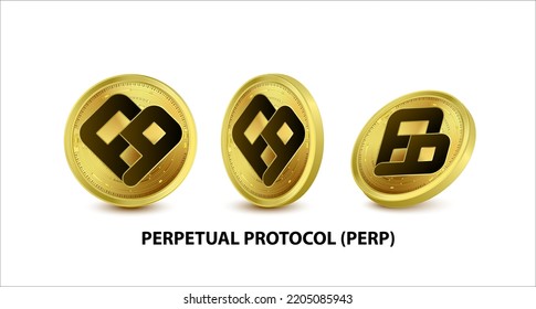 Set of Gold coin Perpetual Protocol (PERP) Vector illustration. Digital currency. Cryptocurrency Golden coins with bitcoin, ripple ethereum symbol isolated on white background. 3D isometric Physical 