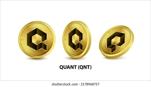 Set of Gold coin Quant (QNT)Vector illustration. 3D isometric Physical coins. Digital currency. Cryptocurrency Golden coins with bitcoin, ripple ethereum symbol isolated on white background. 