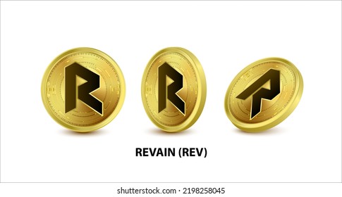 Juego de ilustración del vector Revain (REV) de la moneda de oro. Moneda digital. Criptomoneda Monedas de oro con bitcoin, símbolo de eéreo de ondas rígidas aisladas en fondo blanco. Monedas físicas isométricas 3D.