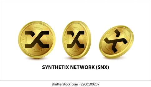 Juego de ilustración del vector de la red sintetix de monedas de oro (SNX). Moneda digital. Criptomoneda Monedas de oro con bitcoin, símbolo de eéreo de ondas rígidas aisladas en fondo blanco. Física isométrica 3D.