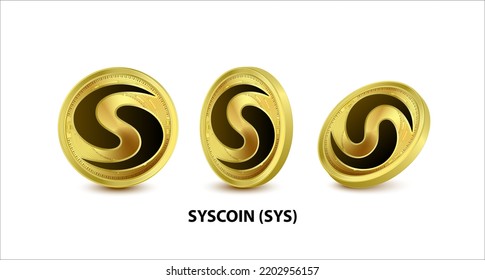 Set of Gold coin Syscoin (SYS) Vector illustration. Digital currency. Cryptocurrency Golden coins with bitcoin, ripple ethereum symbol isolated on white background. 3D isometric Physical coins.