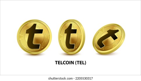 Set of Gold coin Telcoin (TEL) Vector illustration. Digital currency. Cryptocurrency Golden coins with bitcoin, ripple ethereum symbol isolated on white background. 3D isometric Physical coins.