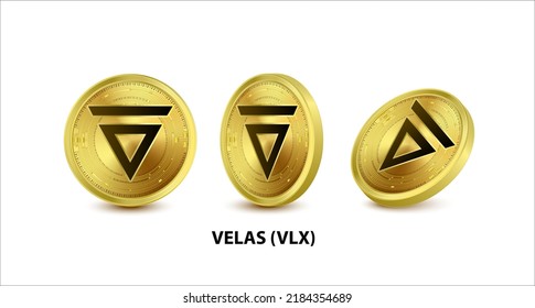 Set of Gold coin Velas (VLX) Vector illustration. Digital currency. Cryptocurrency Golden coins with bitcoin, ripple ethereum symbol isolated on white background. 3D isometric Physical coins.