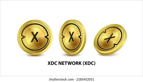 Set of Gold coin XDC Network (XDC) Vector illustration. Digital currency. Cryptocurrency Golden coins with bitcoin, ripple ethereum symbol isolated on white background. 3D isometric Physical coins.