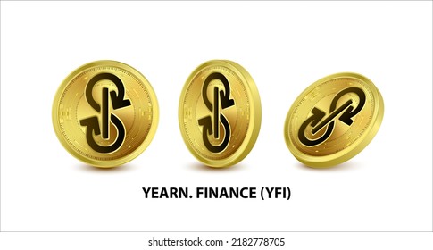 Set of Gold coin yearn.finance (YFI) Vector illustration. Digital currency. Cryptocurrency Golden coins with bitcoin, ripple ethereum symbol isolated on white background. 3D isometric Physical coins.