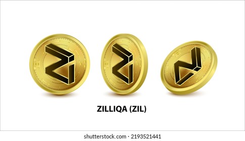 Set of Gold coin Zilliqa (ZIL) Vector illustration. Digital currency. Cryptocurrency Golden coins with bitcoin, ripple ethereum symbol isolated on white background. 3D isometric Physical coins.