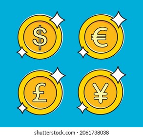 Set of gold coins with 4 major currencies. Dollar, Euro, Pound sterling, Yen