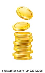 Set of Gold coins. Cash change money falling down and stacking in a pile for savings. Coins isolated on white transparent background. Vector illustration.