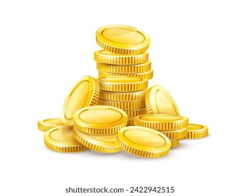 Set of Gold coins. Cash change money falling down and stacking in a pile for savings. Coins isolated on white transparent background. Vector illustration.