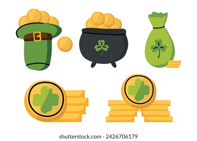 Set of gold coins, cauldron with gold coins in cartoon style