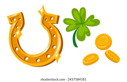 A set of gold coins, clover and a golden horseshoe for St. Patrick's Day. Isolated vector objects for good luck, for wealth for a holiday. Green and gold are the main colors of the Irish holiday