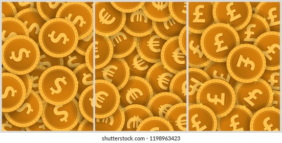Set of Gold Coins Concept banner on the dark background. Vector Template