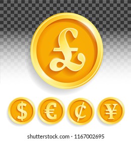 Set of gold coins currencies euro pound dollar cent Yuan