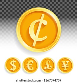 Set of gold coins currencies euro pound dollar cent Yuan