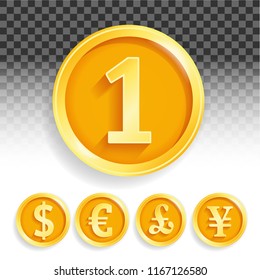 Set of gold coins currencies euro pound dollar cent Yuan
