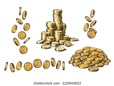 Set of gold coins in different positions in sketch style. Falling dollars, pile of cash, stack of money. Hand drawn Vector collection isolated on white background. 