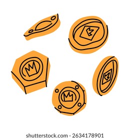 set of gold coins of different shapes and positions. Archaeological finds, excavations, hunting objects. Suitable for scientific, museum materials, textbooks, archeology, anthropology, history
