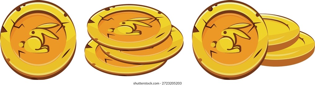 Satz von Goldmünzen in verschiedenen Formen und Perspektiven und mit Tiermotiven, nämlich mit einem Kaninchen, für Geschäfte, Spiele oder Casino-Designs