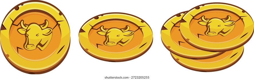 Satz von Goldmünzen in verschiedenen Formen und Perspektiven und mit Tiermotiven, nämlich mit einer Kuh, für Unternehmen, Spiele oder Casino-Designs