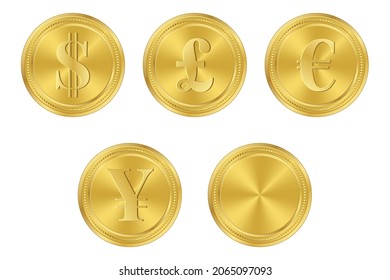 Juego de monedas de oro. Dólar, euro, libra esterlina, yuan o yen.