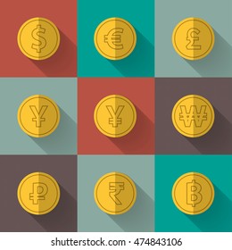 Set of gold coins. dollar, euro, pound sterling, yen, yuan, won, rubles, rupee, thai baht. Flat design. Vector illustration.