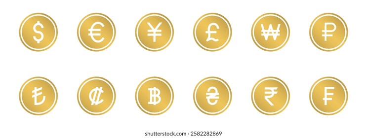 Set of gold coins each displaying a different world currency symbol.