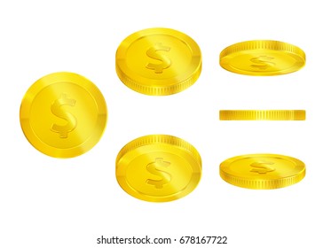 Set of gold coins, falling, 3d, editable elements, realistic icon, isolated on white, transparent background for casino banner, money rain, cash, jackpot, luck win...